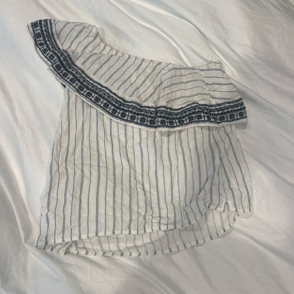 Vintage Abercrombie off the shoulder blue and white striped blouse